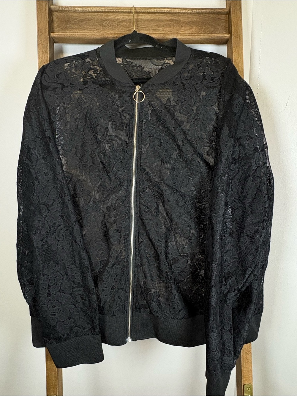 Black Lace Bomber Jacket - Elegant Women's Coat (0306)